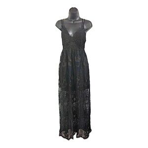 Black goth crochet lace smock bodice‎ v-neck sheer maxi elvira dress size Small